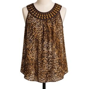 Ultra Pink Leopard Print Halter Top Beaded Jewel Neckline Brown Small